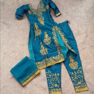 Uniquely Designed Teal and Gold Embroidered Salwar Kameez Set